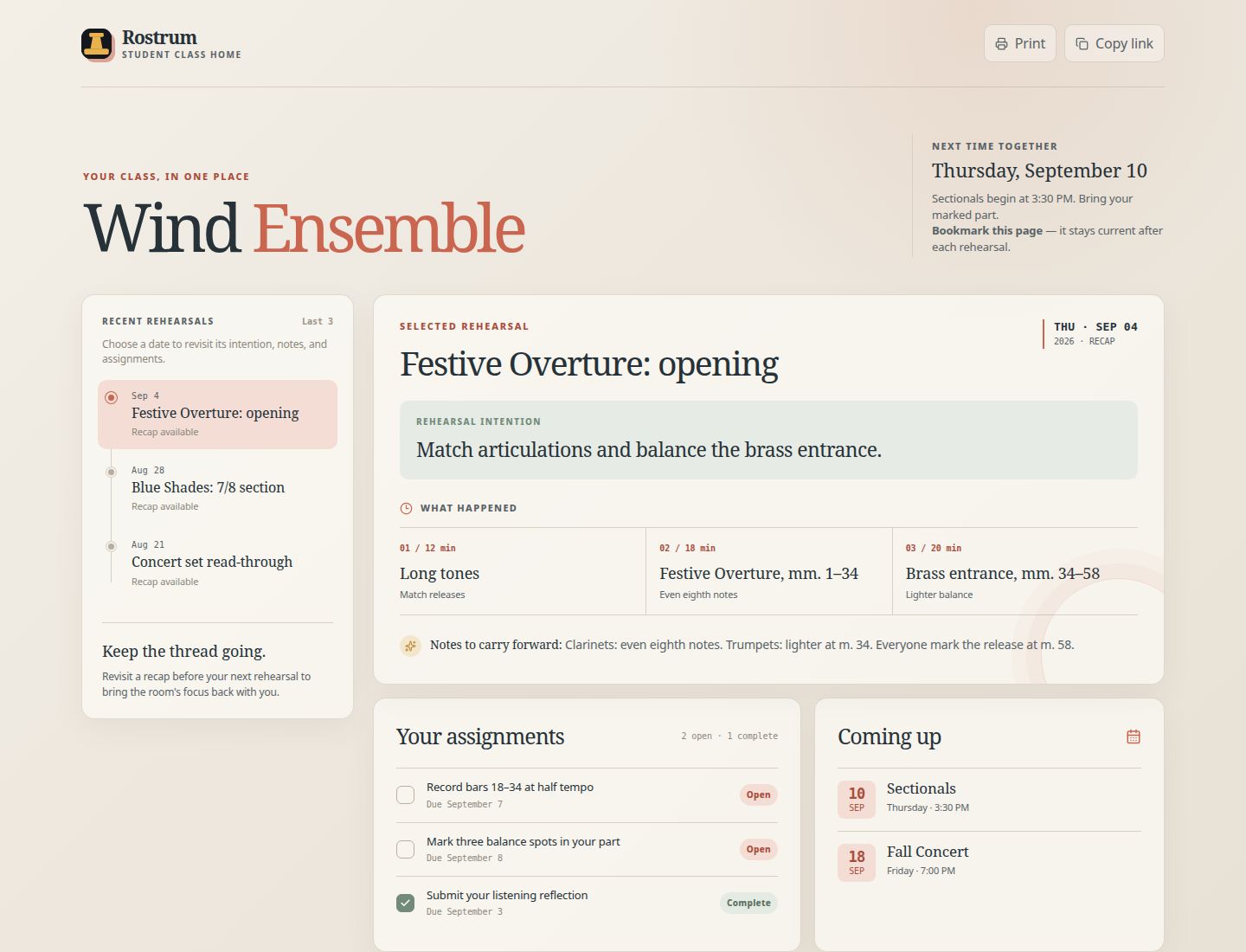 Rostrum student class home, showing recent rehearsal recaps, assignments, and upcoming events